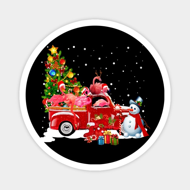 Red Truck Merry Christmas Tree Flamingos Dog Christmas T-Shirt Magnet by kimmygoderteart